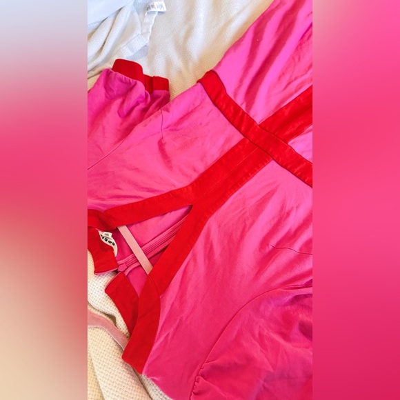 BODEN Petra Puff Sleeve Ponte Midi Dress Sangria Sunset Pink & Red Colorblock - Picture 9 of 15